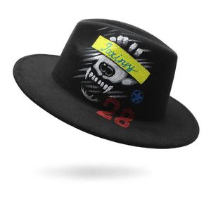 Chapeaux à large bord 2021 chapeau Fedora peint à la main pour femmes hommes Vintage laine Jazz Panama casquette mode Graffiti soleil dame feutre Fedoras