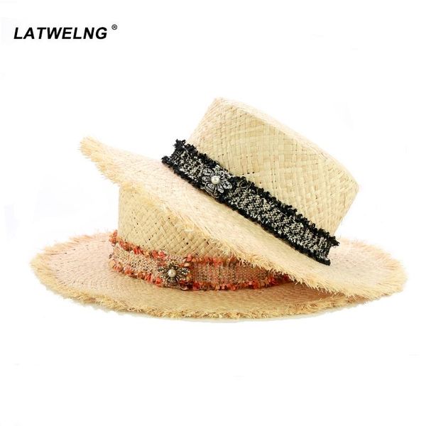 Large bord chapeaux 2021 conception originale Tweed ceinture raphia plage pour femmes mode abeille paille soleil chapeau dames été visière casquettes en gros