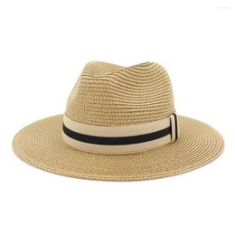 Brede rand hoeden 2022 Classic Women Men Summer Toquilla Stro Sun Hat For Elegant Lady Homburg Fedora Sunbonnet Beach