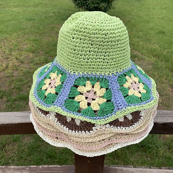 Chapeaux à large bord 2022 été nouveau chapeau de paille fleur japonaise à la main au crochet casquettes Panama protection UV pare-soleil Beh chapeaux femmes P230311