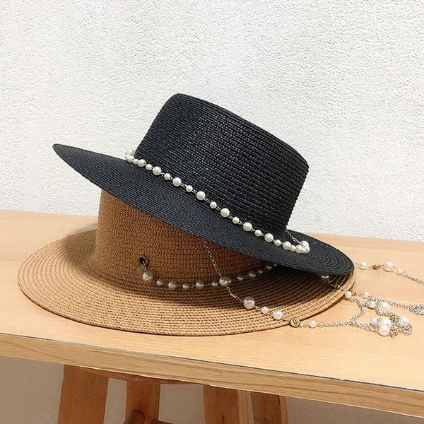 Sombreros de ala ancha 2023 Collar de cadena de diseñador Sol con perla para mujeres Verano Playa plegable Damas Moda Fiesta Sombrero de paja al por mayor