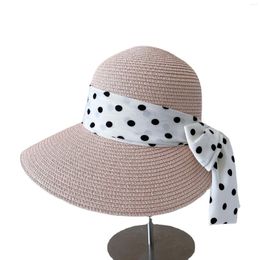 Brede rand hoeden 2023 Engeland vinage stippellijn lint boog zomer hoed vrouwen onregelmatige gesplitste emmer voor lente stroming strand zon chapeau