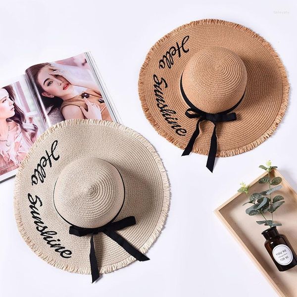 Sombreros de ala ancha 2023 Moda Cartas tejidas a mano Sombrero para el sol Mujer Cinta negra Cordón Grandes aleros Paja Playa al aire libre Gorra de verano