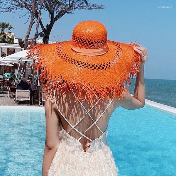Chapeaux à large bord 2023 mode dames surdimensionné chapeau de plage coloré été soleil pour les femmes grand UV disquette pliable paille goutte