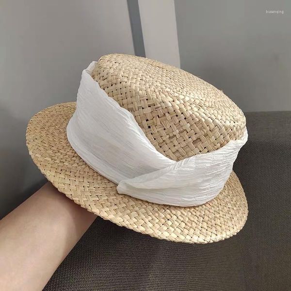 Sombreros de ala ancha 2023, sombreros de fieltro hechos a mano para mujer, parte superior plana, sombrero de rafia elegante francés Vintage para verano y playa para mujer, gorras informales