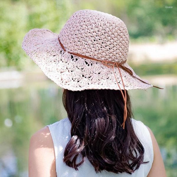 Chapeaux à large bord 2023 fait à la main au Crochet creux fleur d'ananas crème solaire chapeau de paille en plein air grand chapeau de soleil pliable plage