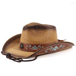 Brede rand hoeden 2023 Hoogwaardige strohoed vrouwen westerse cowboy panama zomer retro elegante vintage vintage cowgirl handgemaakte borduursel zon b17