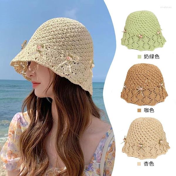 Sombreros de ala ancha 2023, sombrero de paja dulce coreano para mujer, sombrero de verano transpirable tejido a mano con lazo, gorra plegable versátil para el sol de vacaciones, Gorras