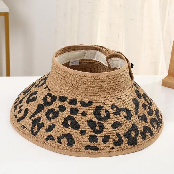 Sombreros de ala ancha 2023 leopardo para mujer, sombrero de paja con visera enrollable, gorra de protección UV plegable plegable para verano, gorro de viaje para la playa