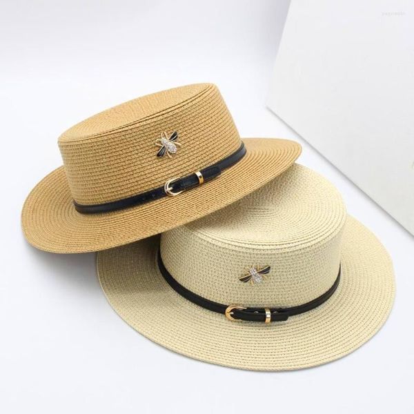 Sombreros de ala ancha 2023, sombrero de paja con diamantes de imitación para mujeres y niñas, protección solar, broche de abeja de playa de verano, canotier Natural con banda de PU