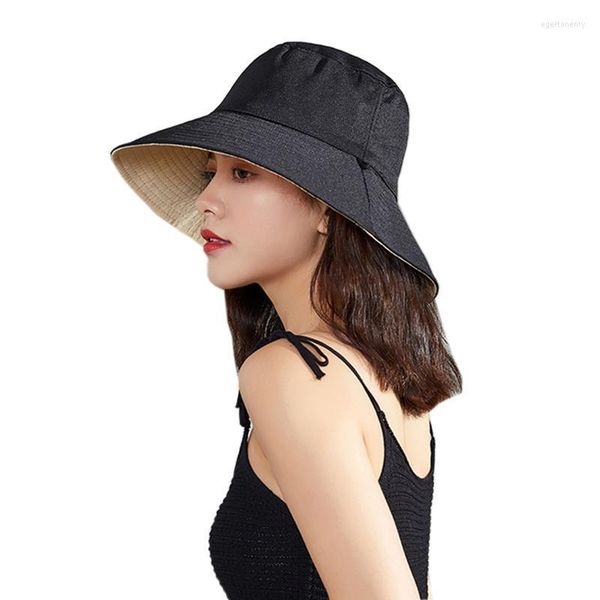 Chapeaux à large bord 2023 Summer Beach Sun pour femmes Réversible Big Visière Protection Seau Chapeau avec coupe-vent Corde Pêche Hip Hop Caps Eger22