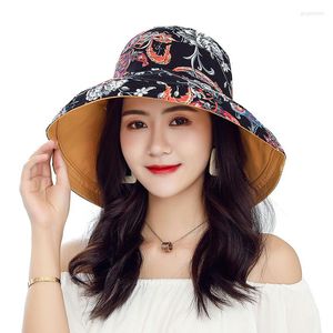 Chapeaux à large bord 2023 été crème solaire chapeau de soleil fleur réversible coton pour vacances coloré pêcheur femme