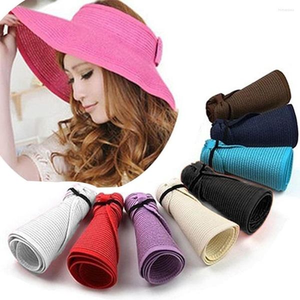 Sombreros de ala ancha 2023 Mujeres Sombrero de paja plegable Sun Beach Summer Roll Up Visor Travel UV Protección Portátil Lady Cap