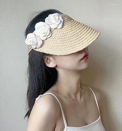 Chapeaux à large bord 202305-shi Drop été naturel raphia herbe fleur blanche vacances sans plage dame chapeau de soleil femmes loisirs chapeau