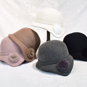 Chapeaux à large bord 202308-2506654 Ins Drop hiver français rétro chaud laine feutre Pompon Grace dame seau casquette femmes chapeau de loisirs