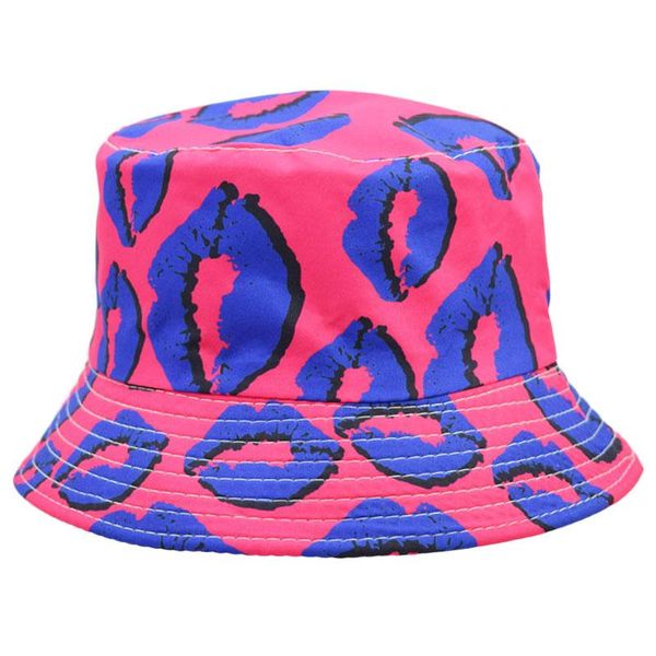 Sombreros de ala ancha 20231 Summer Sexy Lip Print Reversible Bucket Hat Bob Mujeres Moda Algodón Playa Sol Panamá Lady Girls Pescador al aire libre