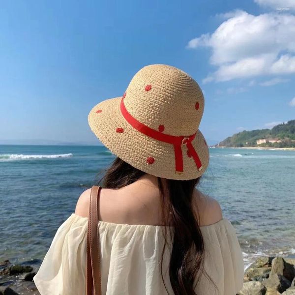 Wide Brim Hats 2024 Fashion Women's Brimd Sun Hat Rouge et Black Paille en pointillé Summer Panama Loisure en plein air