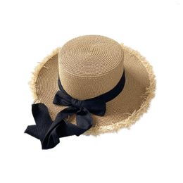 Sombreros de ala ancha 2024 Sombrero de paja plano para las mujeres Pajarita Cinta Ocio Verano Protector solar Moda Anti-UV Beach Boater Regalos