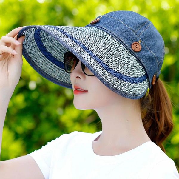 Chapeaux à large bord 2024 Chapeau de soleil Dames Paille Femmes Large Floppy Summer Beach Bouton Cap pour