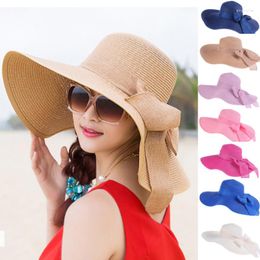 Chapeaux à bord large 56-58 cm Femmes Summer grand chapeau de soleil pliable Holiday Seaside Straw Beach Bow Decor Cap