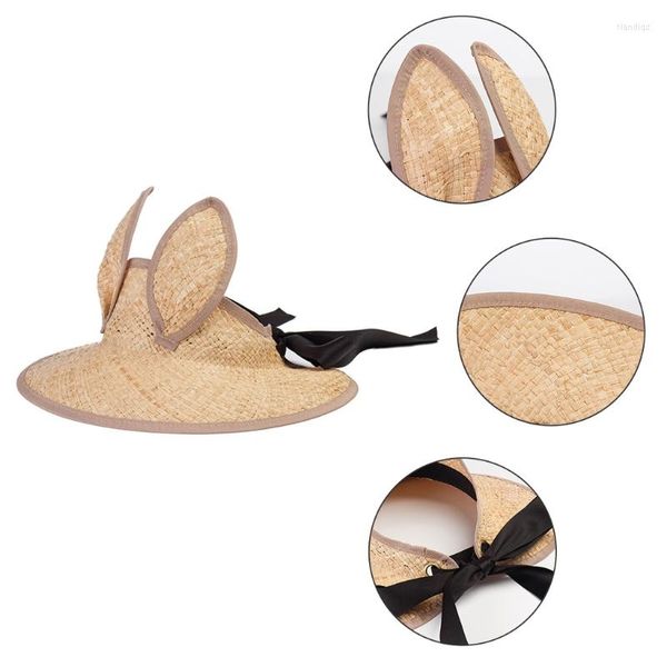 Sombreros de ala ancha 649D Sombrero de visera en topless en paja para niñas Niños Flexible para la circunferencia de la cabeza con cinta decorativa de banda de fijación