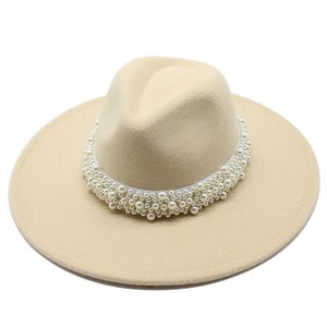 Chapeaux à large bord 9.5CM grand unisexe couleur unie simple face perle laine feutre Jazz Fedora élégant hommes femmes Panama Trilby casquette en gros