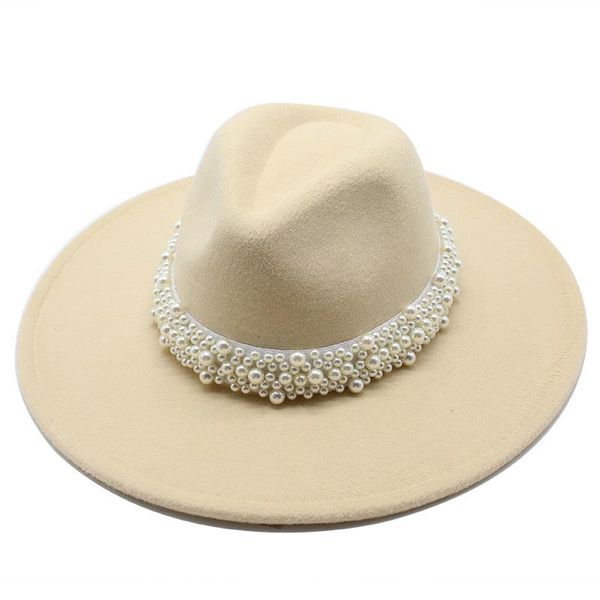 Sombreros de ala ancha 9.5 cm grande unisex color sólido solo lado perla lana fieltro jazz fedora elegante hombres mujeres panama trilby cap al por mayor
