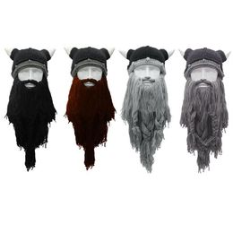 Chapeaux à large bord adulte fou drôle Halloween Cosplay tricoté Viking barbe corne chapeau masque de ski barbare Vagabond Vintage bonnet bonnet Wi2438