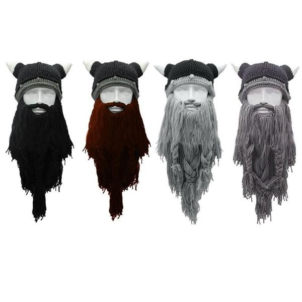 Chapeaux à large bord adulte fou drôle Halloween Cosplay tricoté Viking barbe corne chapeau masque de ski barbare vagabond Vintage bonnet bonnet Wi292n