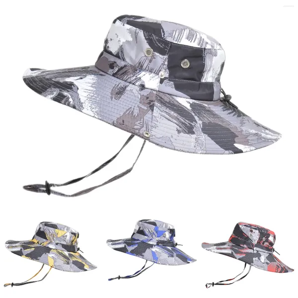 Sombreros de ala ancha para todas las estaciones Viseras con estampado Sombrero para el sol Montañismo Pesca Camuflaje Capucha Cuerda para hombres Gorras de cubo casuales plegables al aire libre