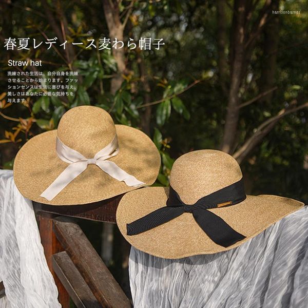 Sombreros de ala ancha Dolphin hecho a mano para mujer, sombrero de verano para el sol, playa, paja, naturaleza, negro, blanco, lazo, gorra con lazo, aleros grandes, protector solar para exteriores