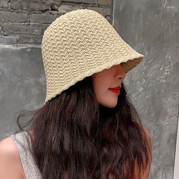 Chapeaux à large bord automne printemps femmes seau creux Vintage couleur unie respirant haut rond paille extérieur petit pare-soleil