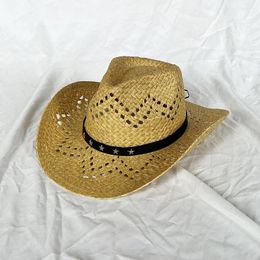 Brede randwaren strandaccessoires handgemaakte holle strobel hoed cowboy met gekrulde en verhoogde rand zonnebrandcrème Kapelusz damski lato