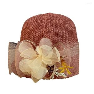Brede rand hoeden strand hoed net garen bloem decor korte ronde koepel fascinator vrouwen zomer bowler zon