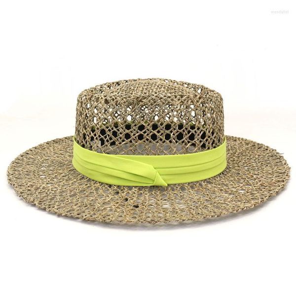 Sombreros de ala ancha Sombrero de playa Mujeres Verano Sol Hierba Protección UV Plana con gorra de cinta Accesorio de vacaciones para exteriores LuxuryWide Wend22