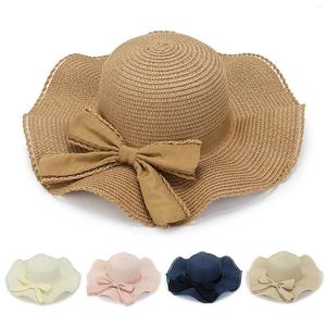 Brede rand hoeden strand stromhoed voor vrouwen gekrulde bowknot chic bassin zomer solid kleur anti-uv opvouwbare buiten panama emmer