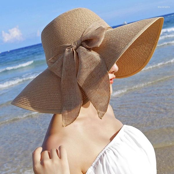 Sombreros de ala ancha Playa Sombrero de sol Sombrero de paja Bowknot Floppy Panamá Mujer Dama Verano Mujeres al aire libre Tendencia de moda plegable