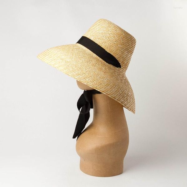 Chapeaux à large bord plage avec cravate pour femmes grande protection UV soleil été grosse paille de blé en gros