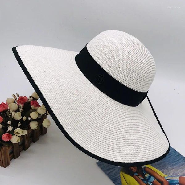 Sombreros de ala ancha Playa Mujeres Paja Big Sun Hat Bloque Transpirable Protector solar Protección UV Verano Blanco Protector Caps