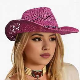 Wide Brim Hats Perle décor du chapeau de paille élégant Style de cowboy occidental avec sangle à vent réglable pliable pour extérieur