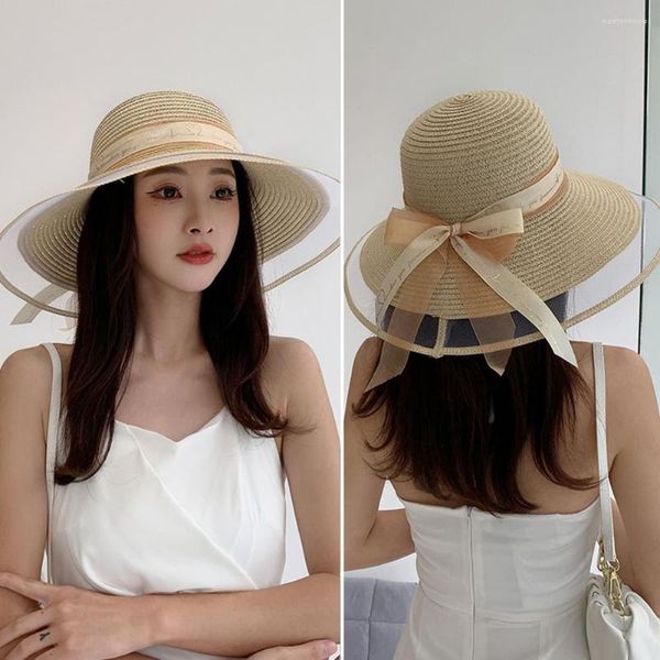 Chapeaux à large bord, magnifique décor de nœud papillon, protection solaire, élégant, vacances d'été, chapeau de dame, accessoire de tête lavable