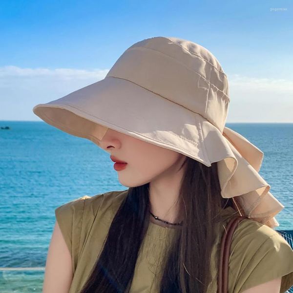 Chapeaux à large bord belles femmes chapeau de pêcheur rond Absorption de la sueur été soleil pliable coupe-vent