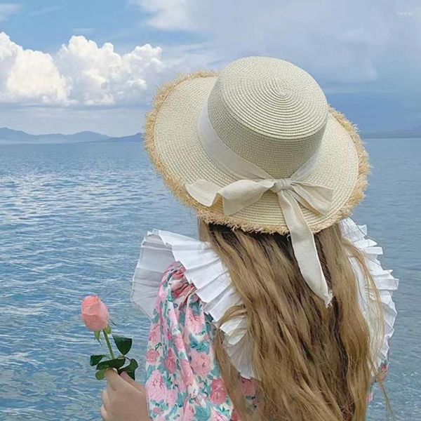 Sombreros de ala ancha Mujeres hermosas Sombrero para el sol Trenzado manual Señora Sombrero de paja Parte superior plana Sombrilla Playa de verano