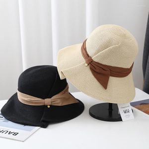 Chapeaux à large bord grand arc plissé Design paille pour les femmes été crème solaire chapeau de soleil pliable seau chapeau respirant bassin casquettes Gorras