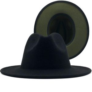 Chapeaux à large bord grande taille extérieur noir intérieur armée vert feutre de laine Jazz Fedora avec boucle de ceinture mince hommes Panama Trilby Cap 56-60CM