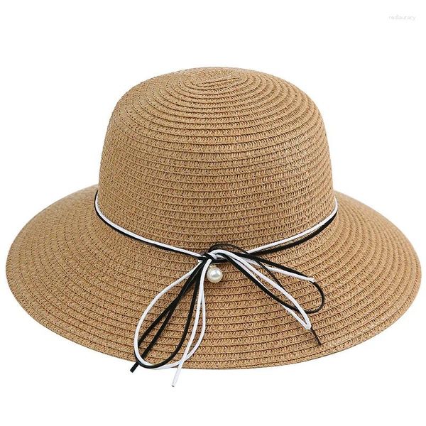 Sombreros de ala ancho en blanco y negro Rope perla Sombrero de paja para mujeres Summer Travel Tono plegable