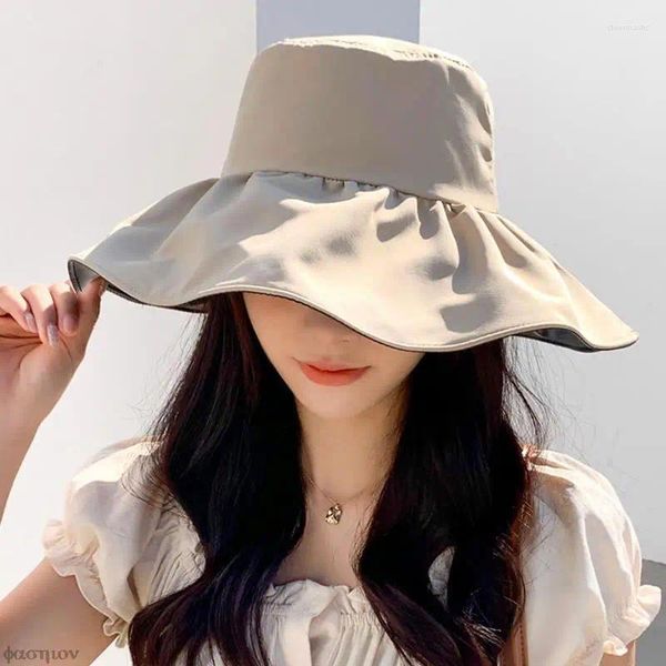 Sombreros de ala ancha Sombrero de protector solar de goma negro Verano de mujer Plegable Sombrilla grande Pescador Protección UV Sol Dulce Lady Girls