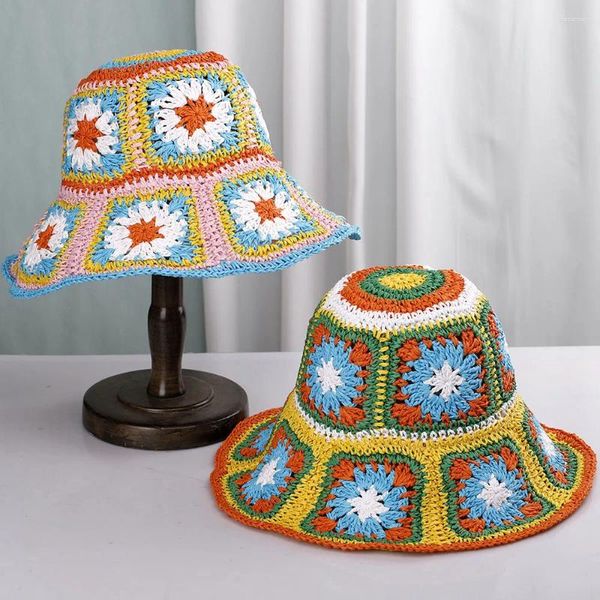 Sombreros de ala ancha estilo bohemia protección solar playa para mujeres verano paja señoras sombrero moda lujo hecho a mano crochet cubo