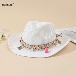 Brede rand hoeden Boheemse Tassel Dames Sun Hat Fashion Ins Cowboy Cowgirl Beach Summer Straw Ladies Foldable