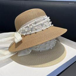 Brede rand hoeden boog knoop parelzon bescherming vrouwen zomer stro hoed lente schaduw massieve kleur stranddop